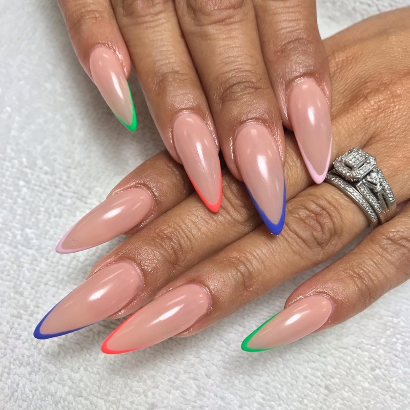 Almond nails with slim French tips in green, blue, coral and pink